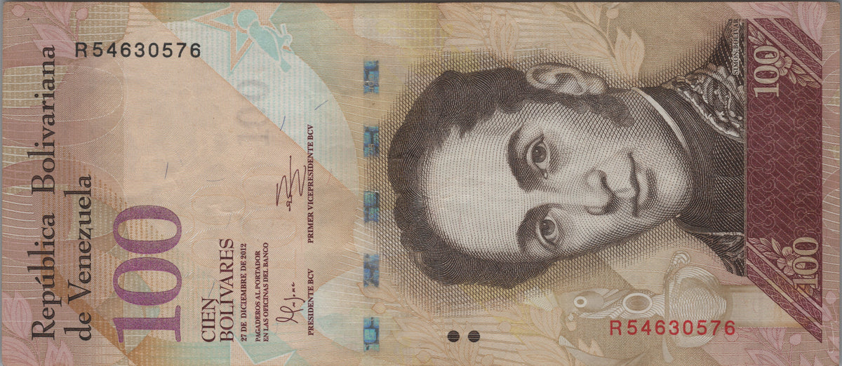 Venezuela 100 Bolivares Fuertes, P93f, 2012, Circulated; features a Black-hooded Red Siskin