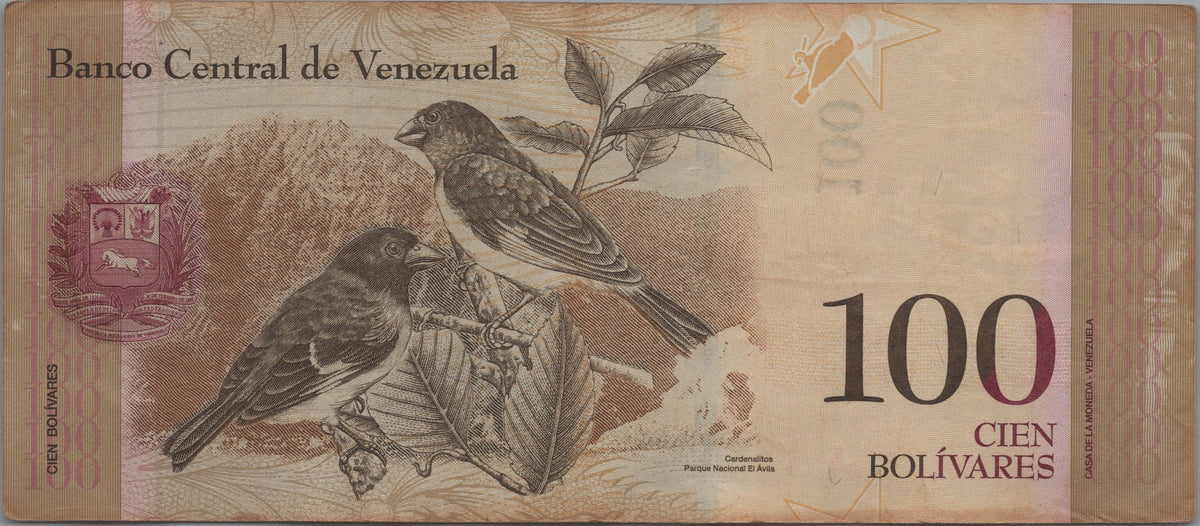 Venezuela 100 Bolivares Fuertes, P93g, 2013, Circulated; features a Black-hooded Red Siskin