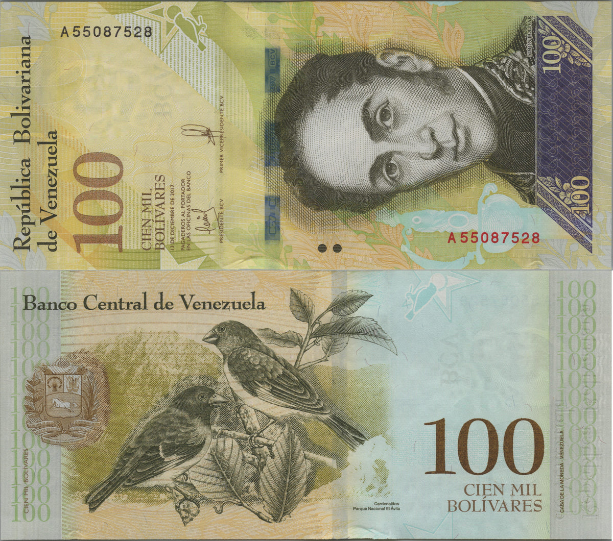 Venezuela 100000 Bolivares, P100b, 2017, Uncirculated; features a Black-hooded Red Siskin