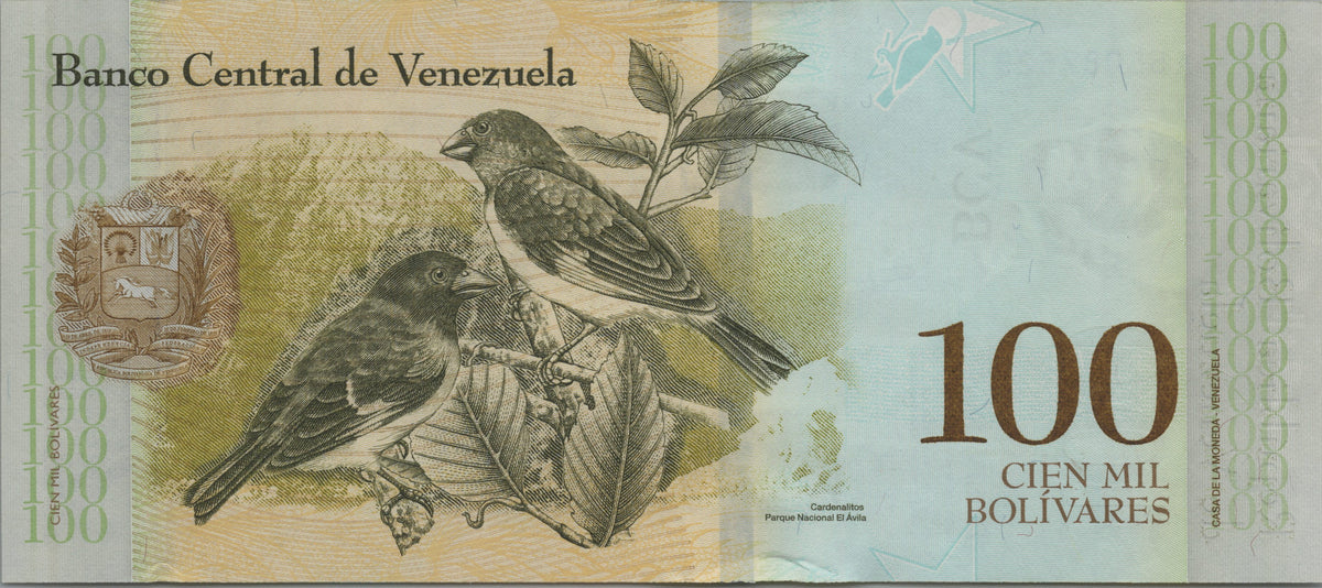 Venezuela 100000 Bolivares, P100b, 2017, Uncirculated; features a Black-hooded Red Siskin