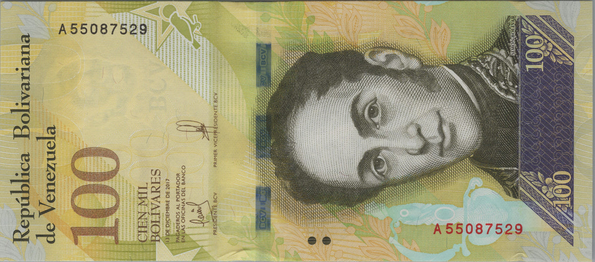 Venezuela 100000 Bolivares, P100b, 2017, Uncirculated; features a Black-hooded Red Siskin