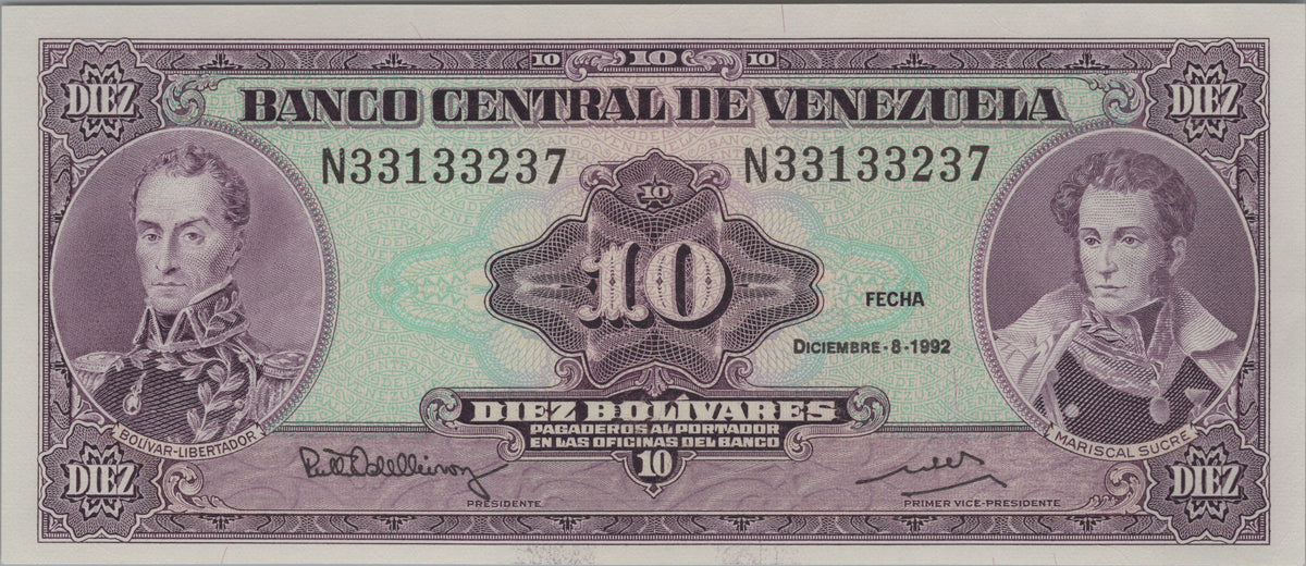 Venezuela 10 Bolivares, P61c, 1992, Uncirculated; features the Battle of Carabobo Monument
