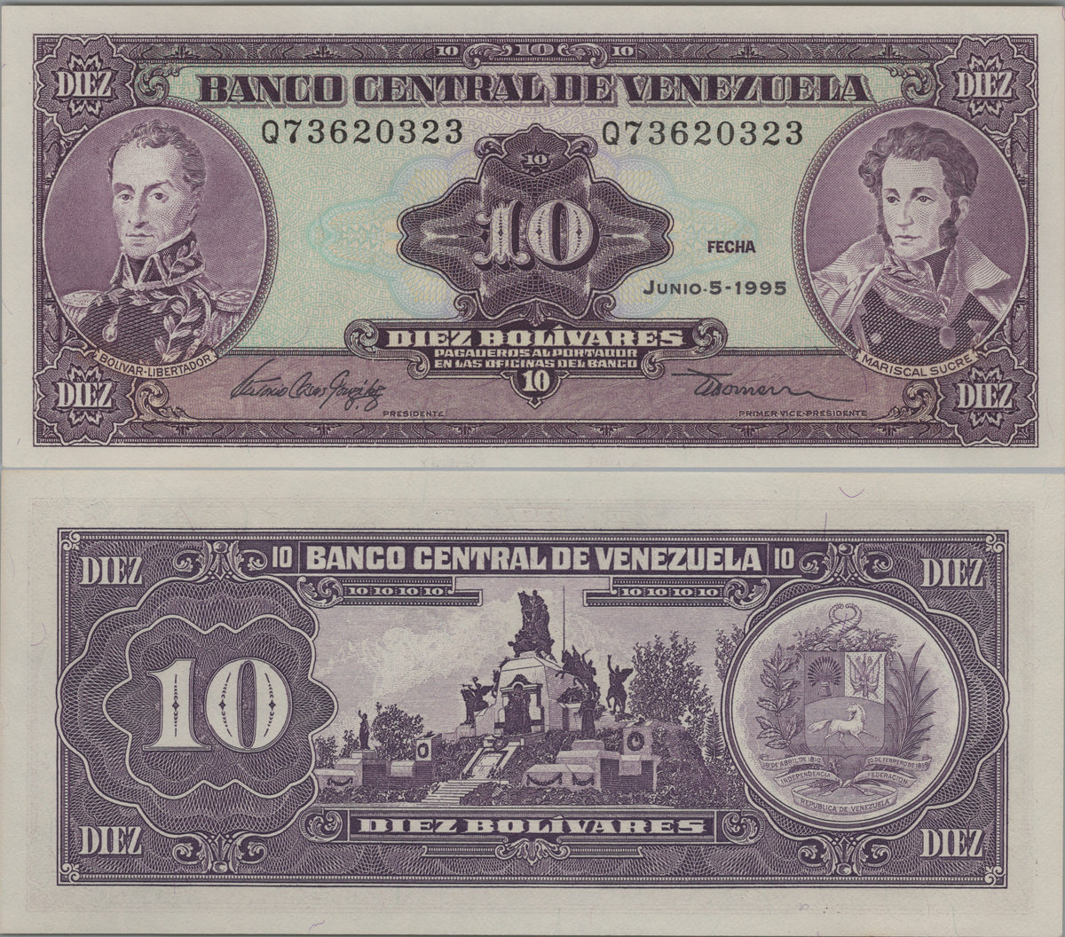 Venezuela 10 Bolivares, P61d, 1995, Uncirculated; features the Battle of Carabobo Monument