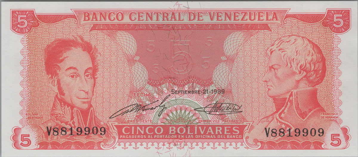 Venezuela 5 Bolivares, P70a, 1989, Uncirculated; features Simón Bolívar