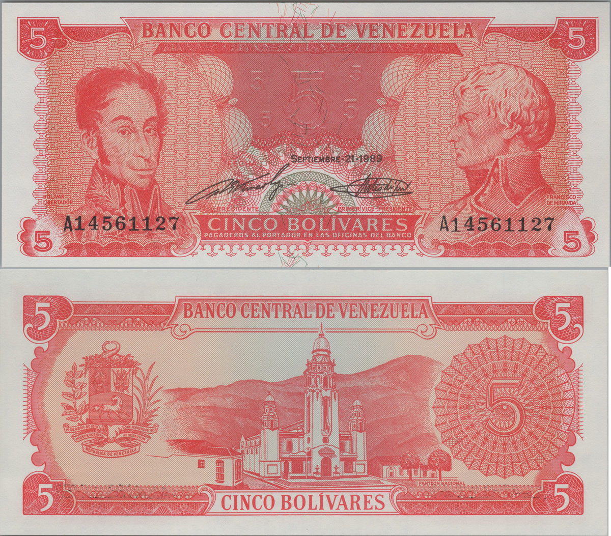 Venezuela 5 Bolivares, P70b, 1989, Uncirculated; features Simón Bolívar