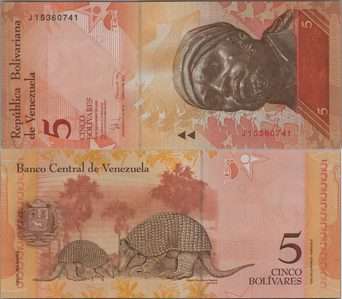 Venezuela 5 Bolivares Fuertes, P89c, 2008, Uncirculated; features a Giant Armadillo