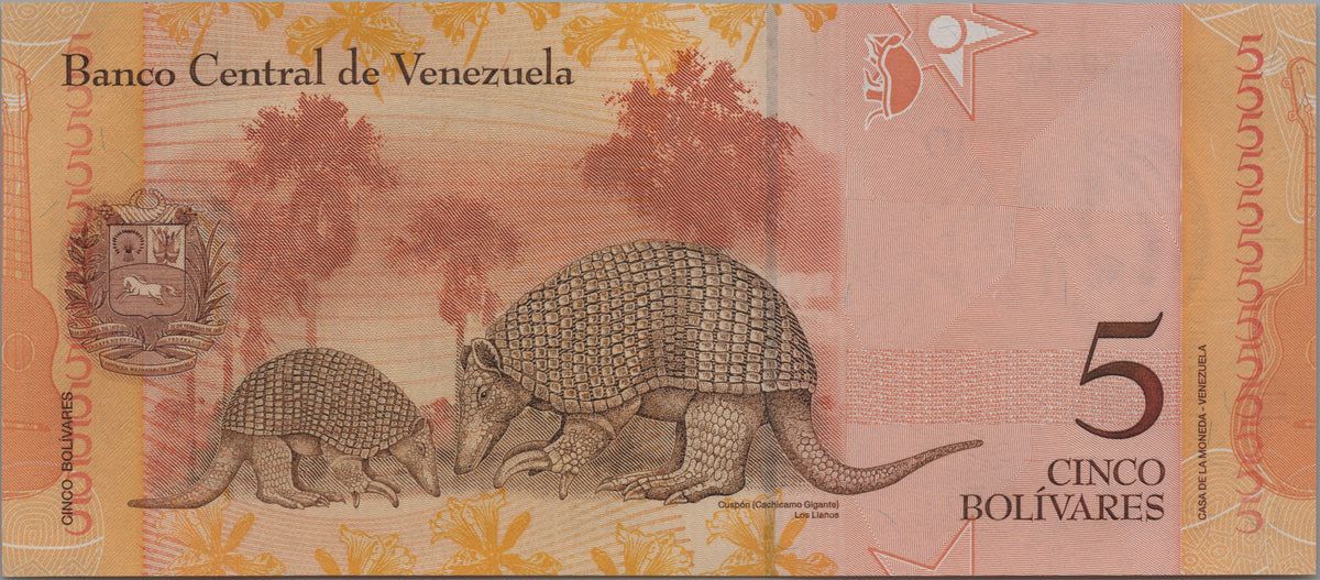 Venezuela 5 Bolivares Fuertes, P89c, 2008, Uncirculated; features a Giant Armadillo