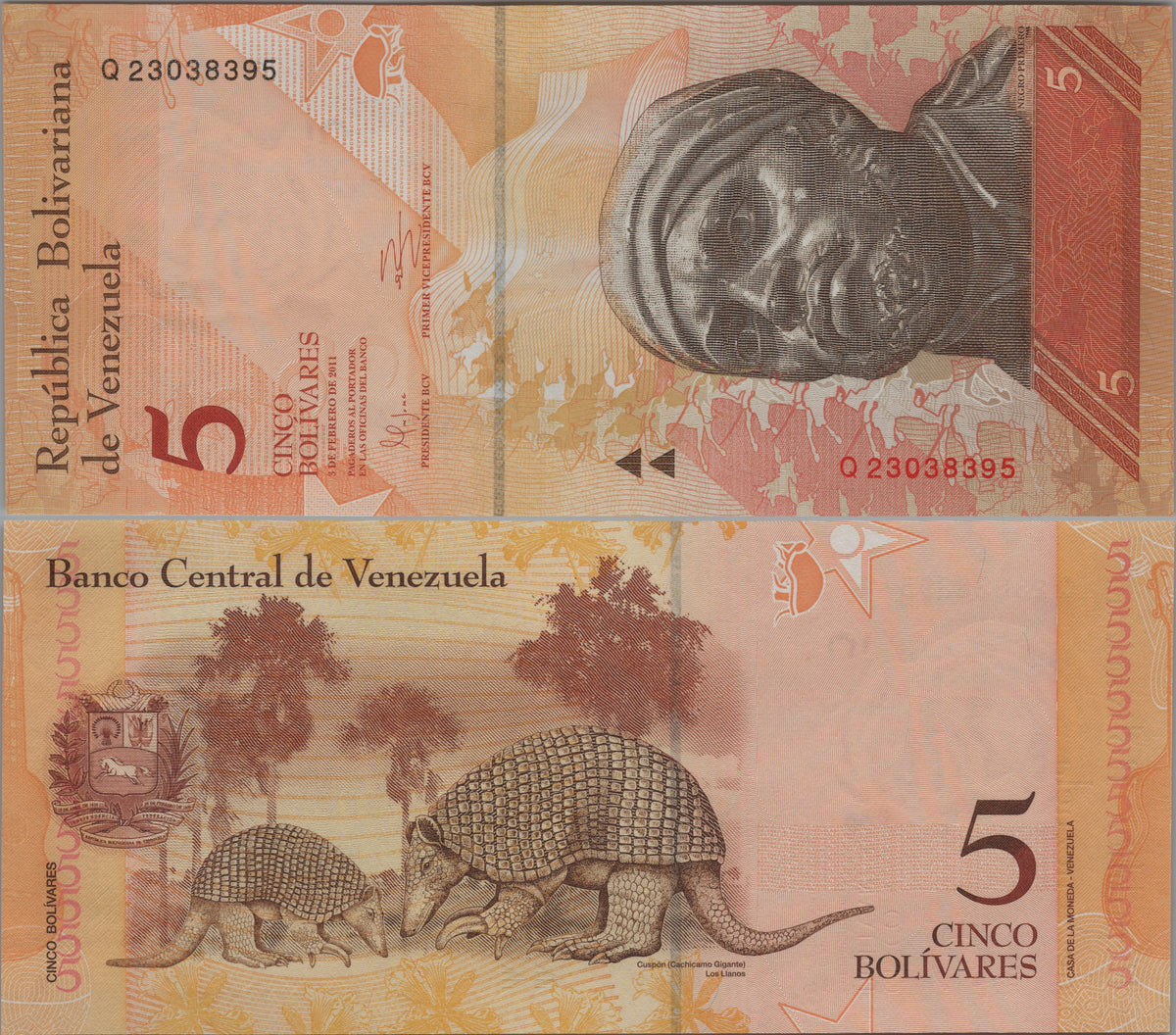 Venezuela 5 Bolivares Fuertes, P89d, 2011, Uncirculated; features a Giant Armadillo