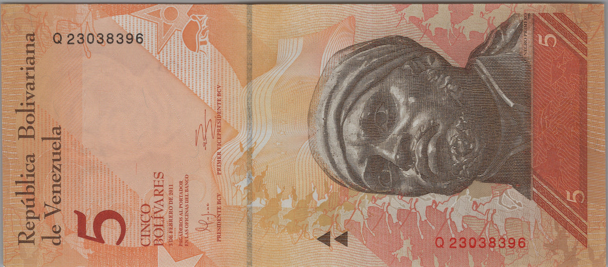 Venezuela 5 Bolivares Fuertes, P89d, 2011, Uncirculated; features a Giant Armadillo