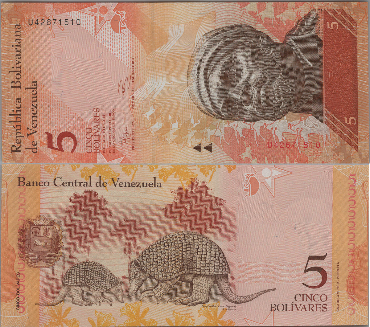 Venezuela 5 Bolivares Fuertes, P89f, 2014, Uncirculated; features a Giant Armadillo