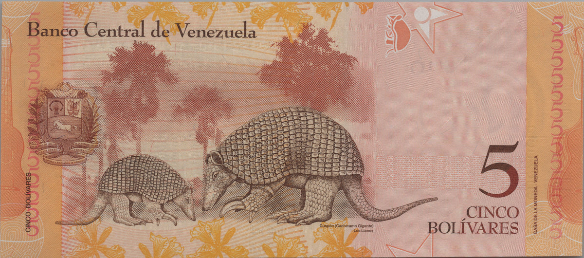 Venezuela 5 Bolivares Fuertes, P89f, 2014, Uncirculated; features a Giant Armadillo
