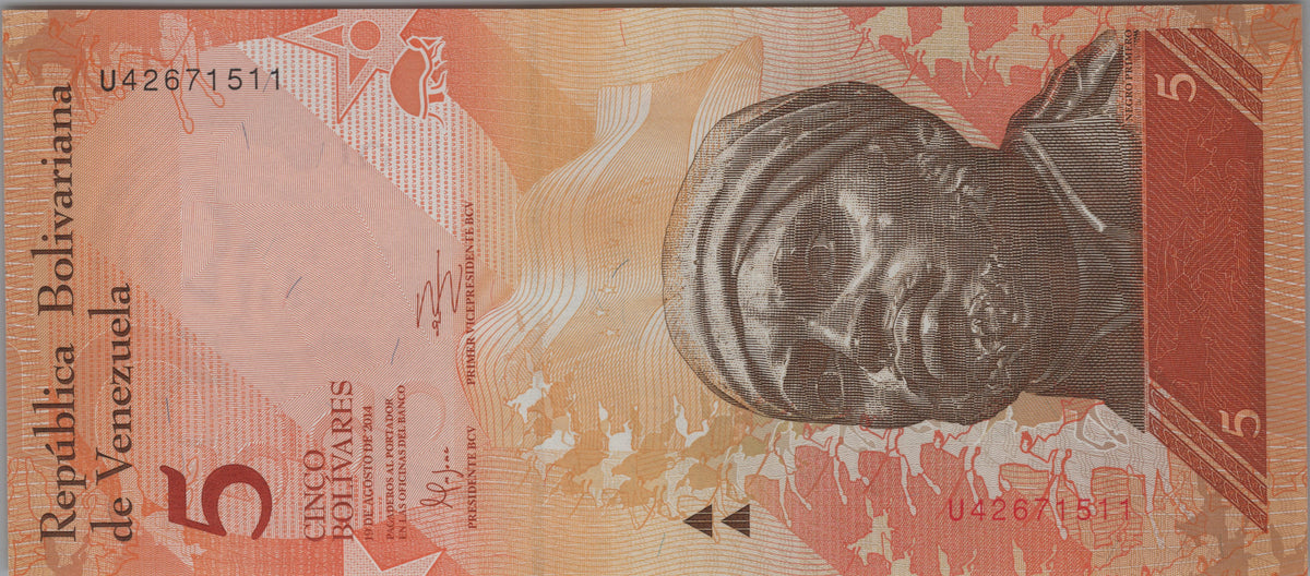 Venezuela 5 Bolivares Fuertes, P89f, 2014, Uncirculated; features a Giant Armadillo