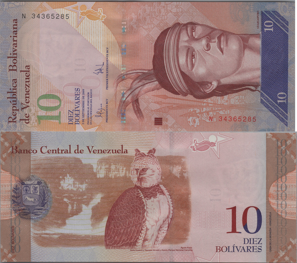 Venezuela 10 Bolivares Fuertes, P90b, 2009, Uncirculated; features a Harpy Eagle