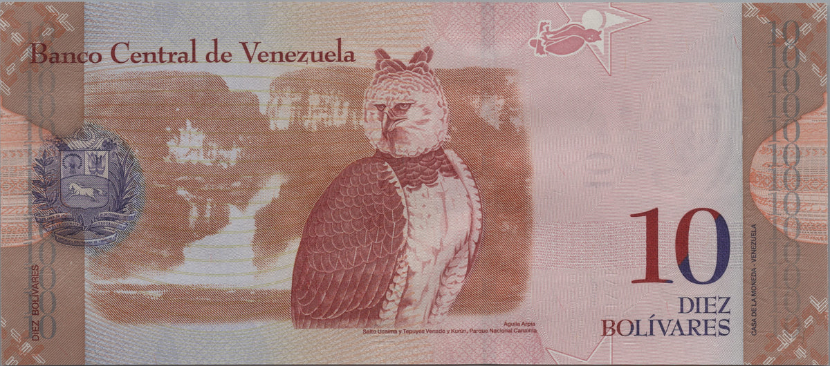 Venezuela 10 Bolivares Fuertes, P90b, 2009, Uncirculated; features a Harpy Eagle