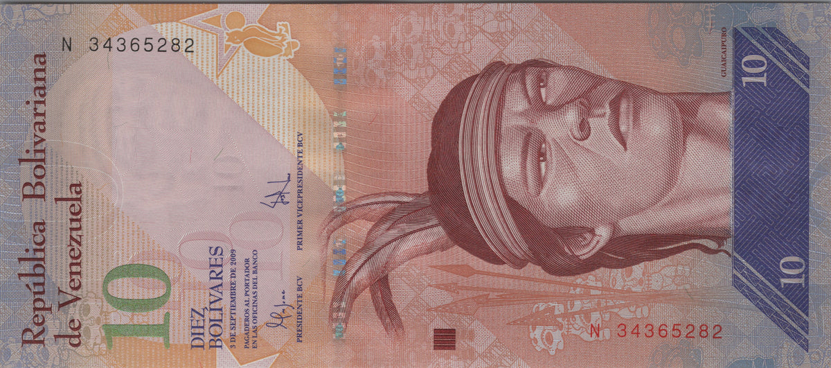 Venezuela 10 Bolivares Fuertes, P90b, 2009, Uncirculated; features a Harpy Eagle