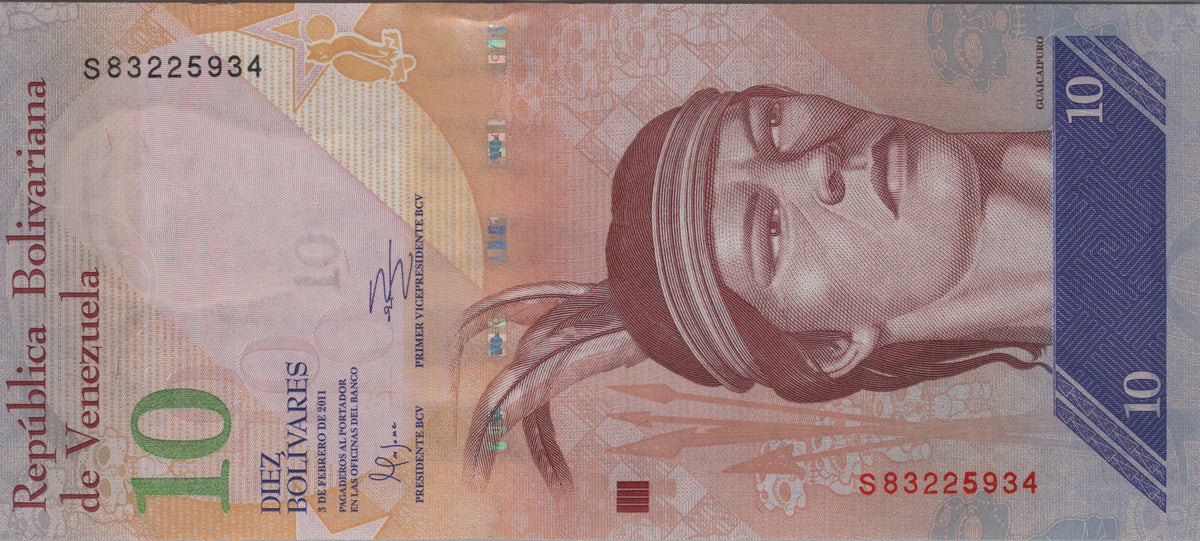 Venezuela 10 Bolivares Fuertes, P90c, 2011, Uncirculated; features a Harpy Eagle