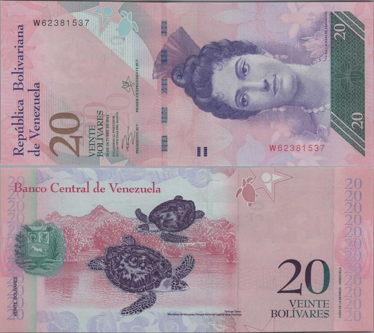 Venezuela 20 Bolivares Fuertes, P91f, 2013, Uncirculated; features a Hawksbill Turtle