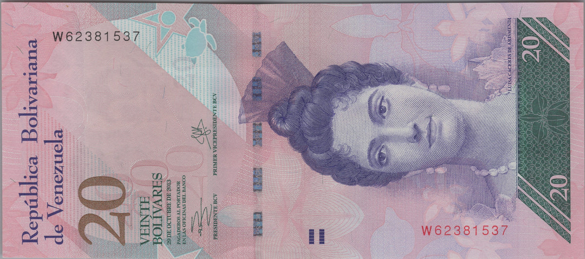 Venezuela 20 Bolivares Fuertes, P91f, 2013, Uncirculated; features a Hawksbill Turtle