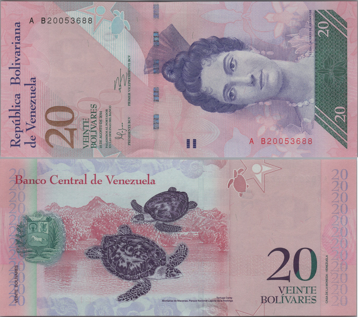 Venezuela 20 Bolivares Fuertes, P91g, 2014, Uncirculated; features a Hawksbill Turtle