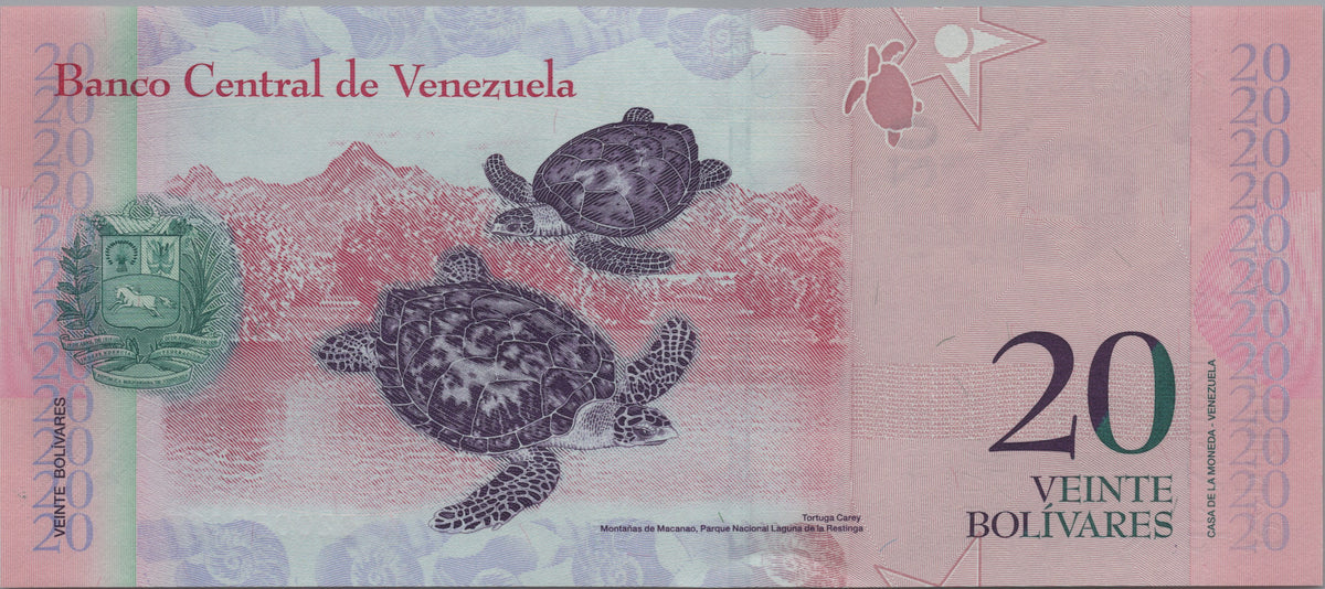 Venezuela 20 Bolivares Fuertes, P91g, 2014, Uncirculated; features a Hawksbill Turtle