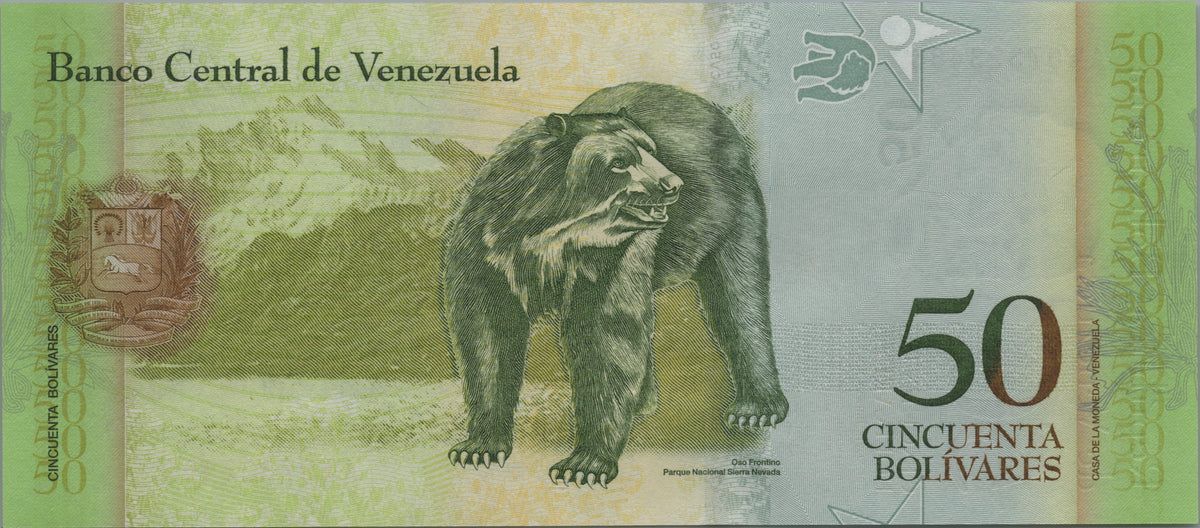 Venezuela 50 Bolivares Fuertes, P92k, 2015, Uncirculated; features a Spectacled Bear