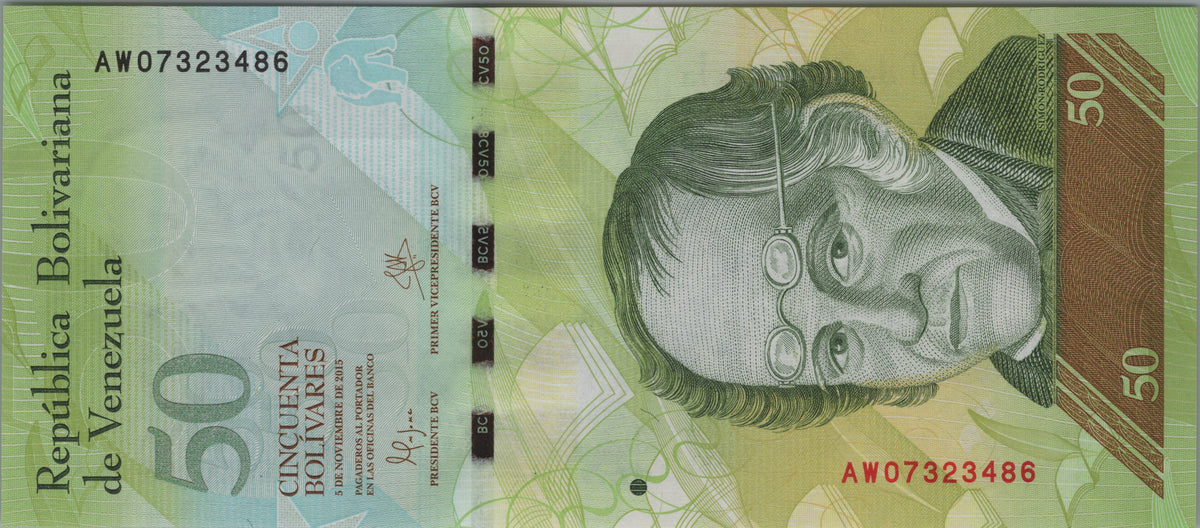 Venezuela 50 Bolivares Fuertes, P92k, 2015, Uncirculated; features a Spectacled Bear