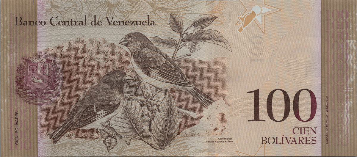Venezuela 100 Bolivares Fuertes, P93i, 2015, Uncirculated; features a Black-hooded Red Siskin