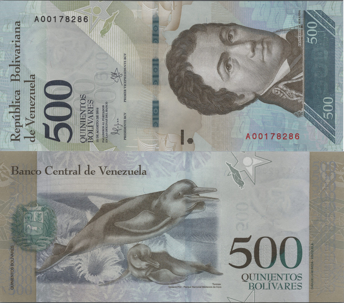 Venezuela 500 Bolivares, P94a, 2016, Uncirculated; features an Amazon River Dolphin