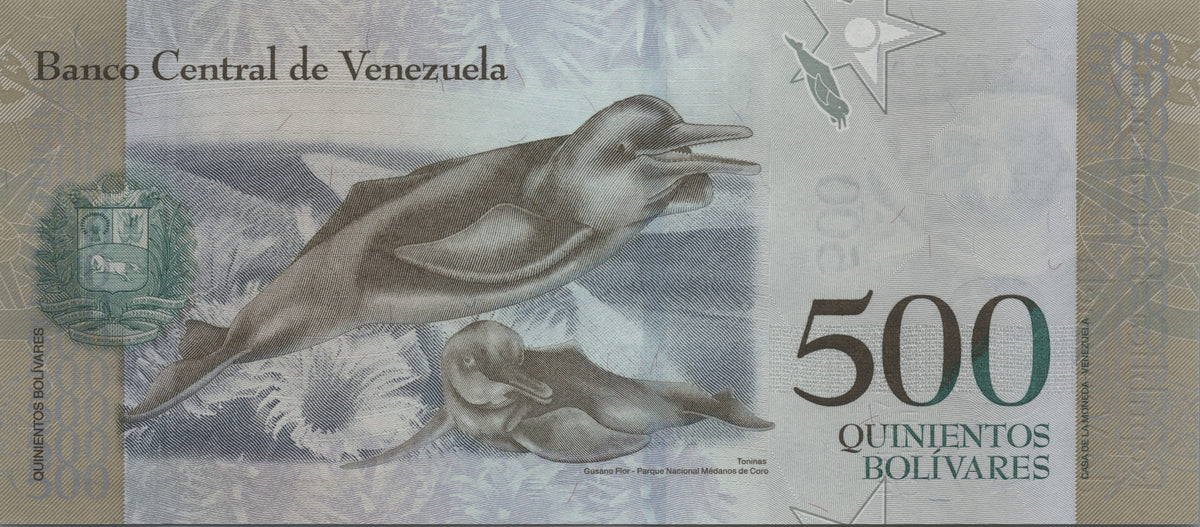 Venezuela 500 Bolivares, P94a, 2016, Uncirculated; features an Amazon River Dolphin