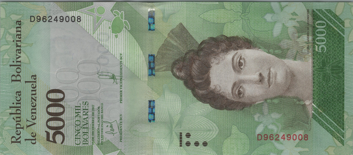 Venezuela 5000 Bolivares, P97c, 2017, Uncirculated; features a Hawksbill Turtle
