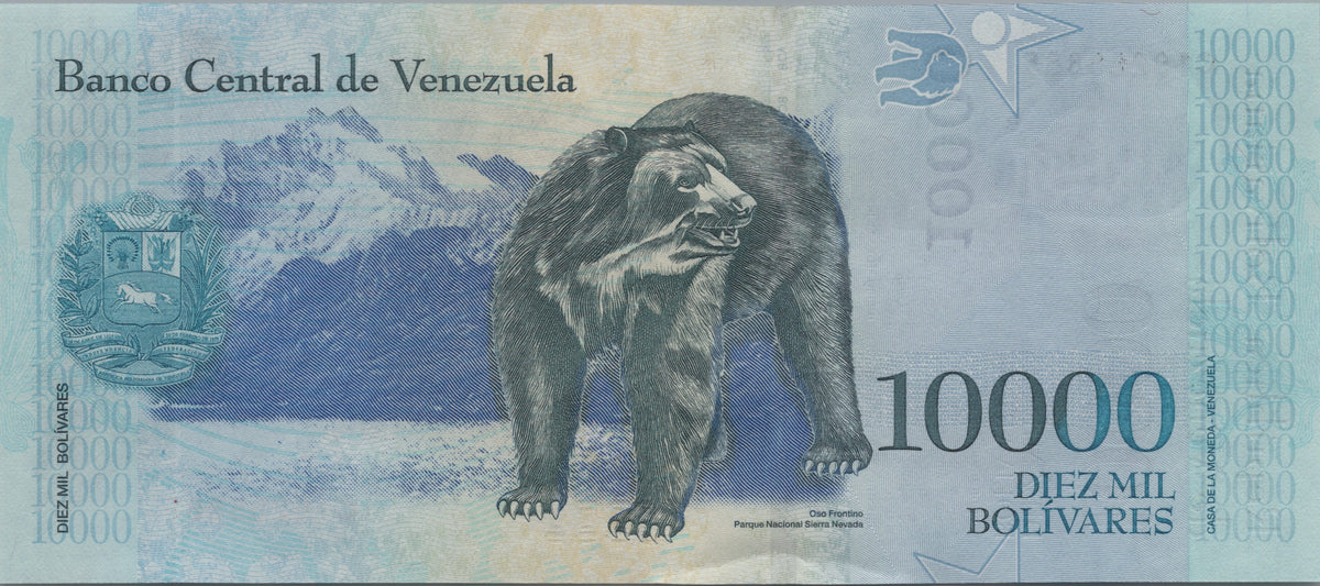 Venezuela 10000 Bolivares, P98b, 2017, Uncirculated; features a Spectacled Bear