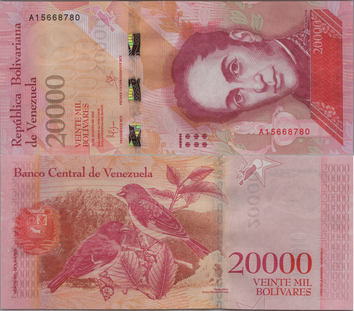 Venezuela 20000 Bolivares, P99a, 2016, Uncirculated; features a Black-hooded Red Siskin