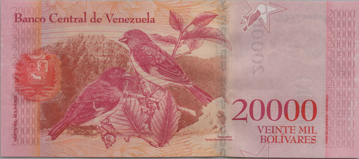 Venezuela 20000 Bolivares, P99a, 2016, Uncirculated; features a Black-hooded Red Siskin