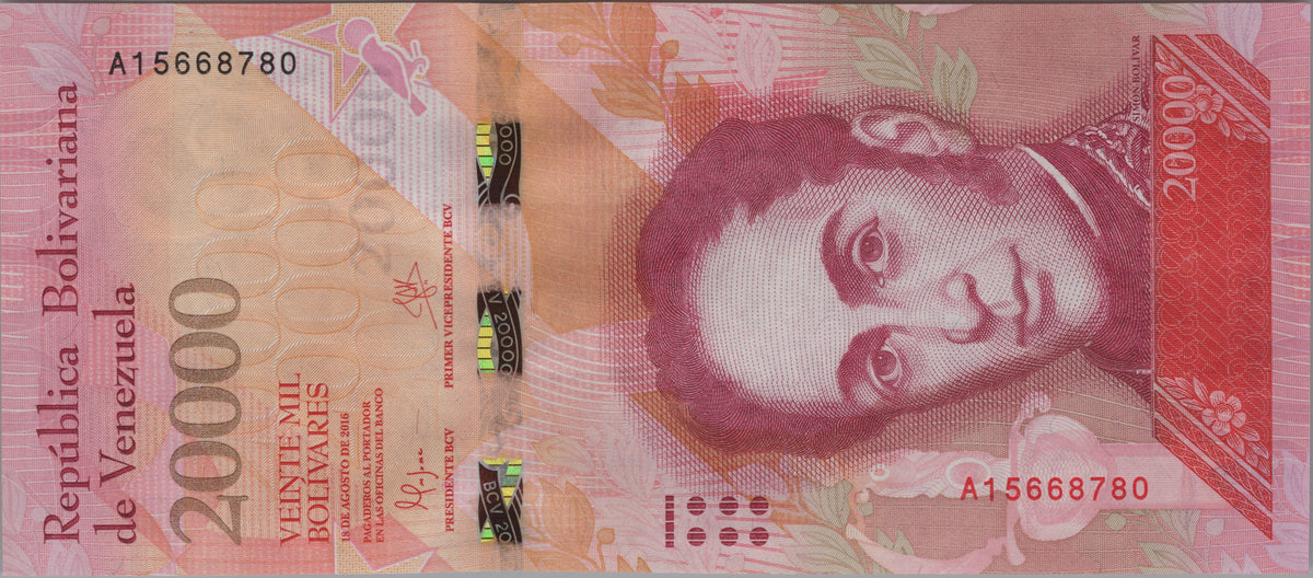 Venezuela 20000 Bolivares, P99a, 2016, Uncirculated; features a Black-hooded Red Siskin