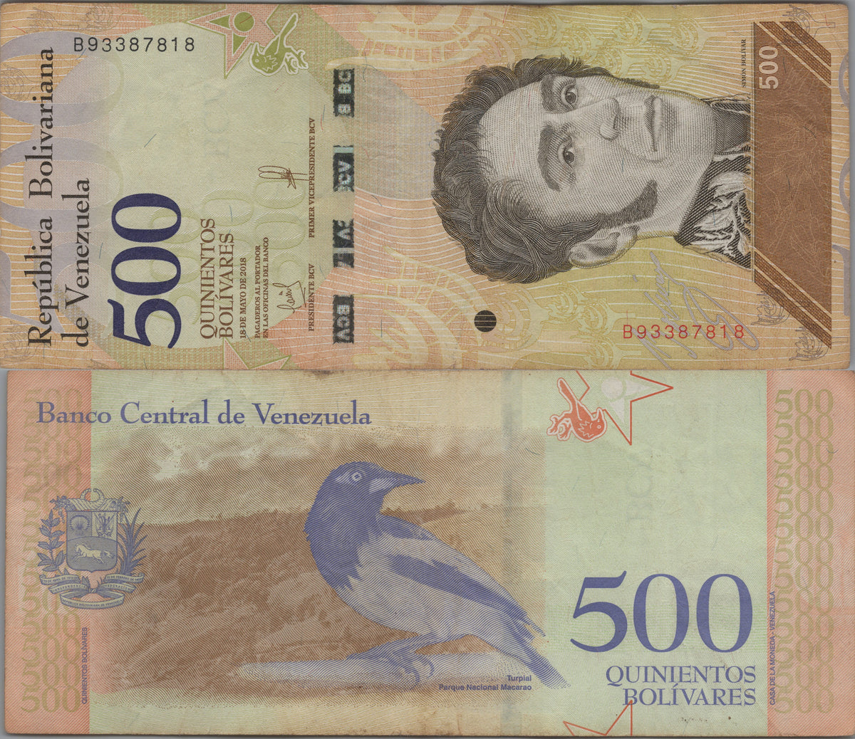 Venezuela 500 Bolivares Soberano, B378a, CIRCULATED from 2018; features Tropical Bird with Park
