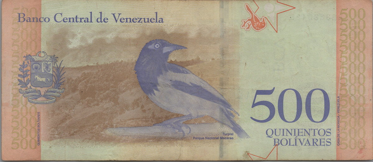 Venezuela 500 Bolivares Soberano, B378a, CIRCULATED from 2018; features Tropical Bird with Park