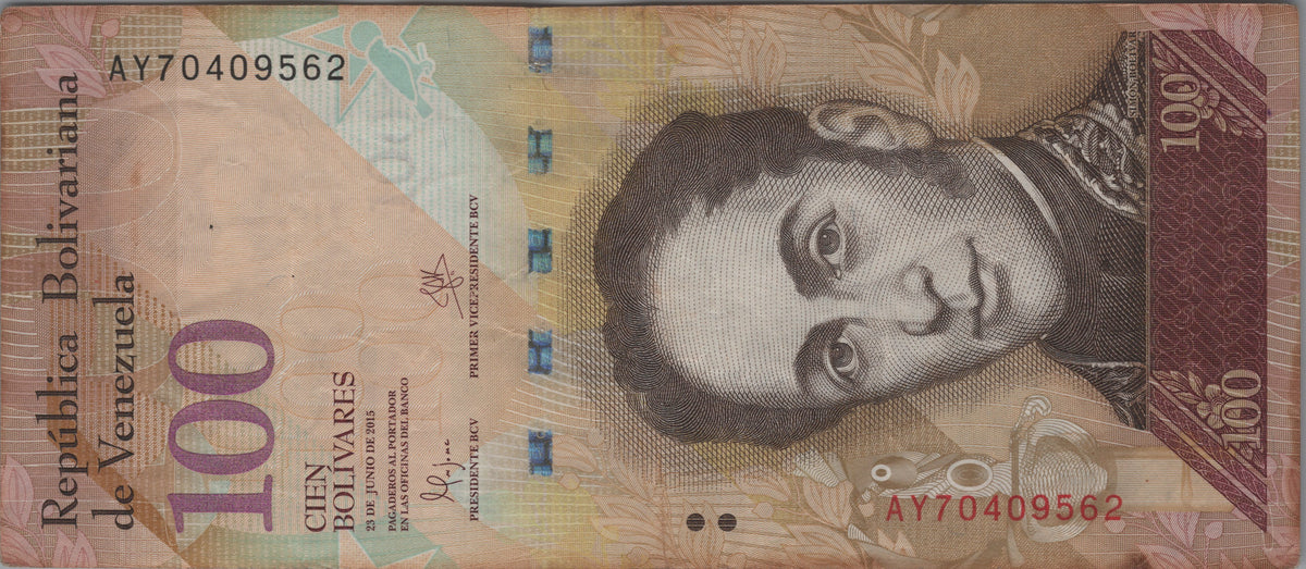 Venezuela 100 Bolivares, P-93i, CIRCULATED from 2015; features Simon Bolivar; 2 Birds