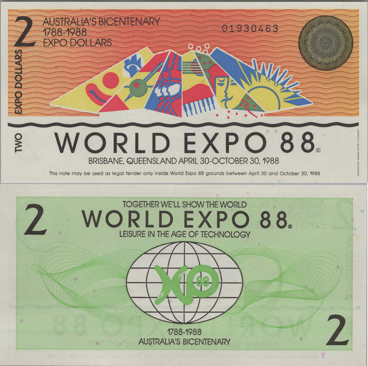 Australia World Expo 88, 2 Expo Dollars, Uncirculated, 1988; Commemorative Souvenir Banknote
