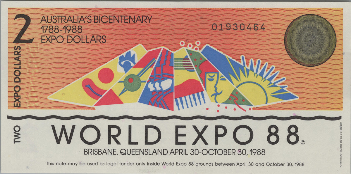 Australia World Expo 88, 2 Expo Dollars, Uncirculated, 1988; Commemorative Souvenir Banknote