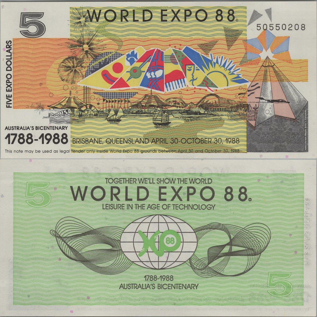 Australia World Expo 88, 5 Expo Dollars, Uncirculated, 1988; Commemorative Souvenir Banknote