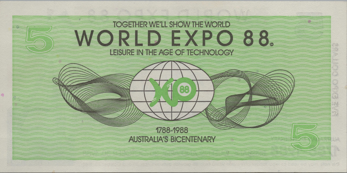 Australia World Expo 88, 5 Expo Dollars, Uncirculated, 1988; Commemorative Souvenir Banknote