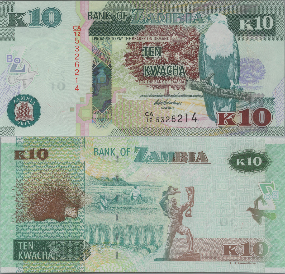 Zambia 10 Kwacha, B154a, Uncirculated, 2012; features a Fish Eagle and a Porcupine