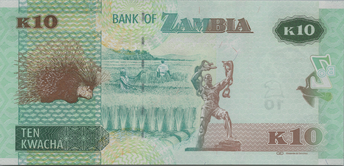 Zambia 10 Kwacha, B154a, Uncirculated, 2012; features a Fish Eagle and a Porcupine