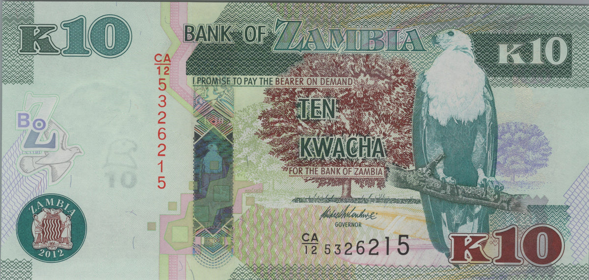 Zambia 10 Kwacha, B154a, Uncirculated, 2012; features a Fish Eagle and a Porcupine