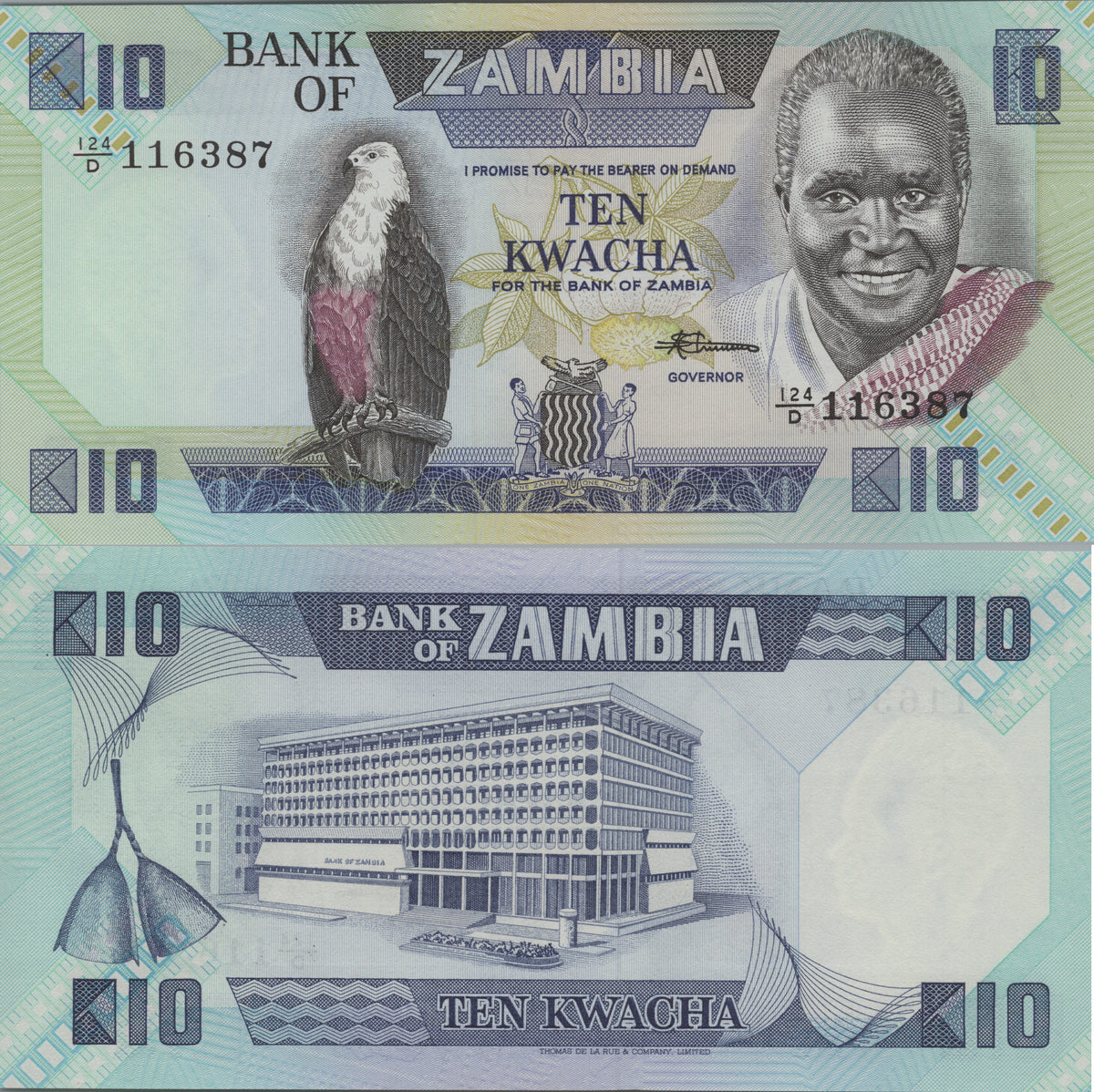 ZAMBIA 10 Kwacha, P26e; UNCIRCULATED, 1980; Features a Fish Eagle