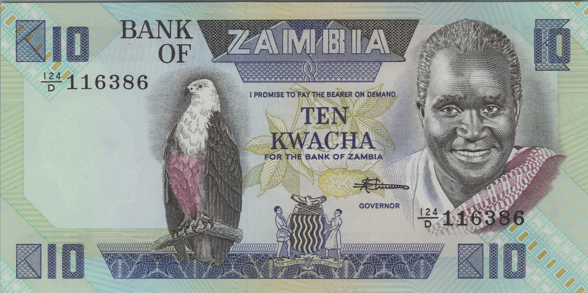 ZAMBIA 10 Kwacha, P26e; UNCIRCULATED, 1980; Features a Fish Eagle