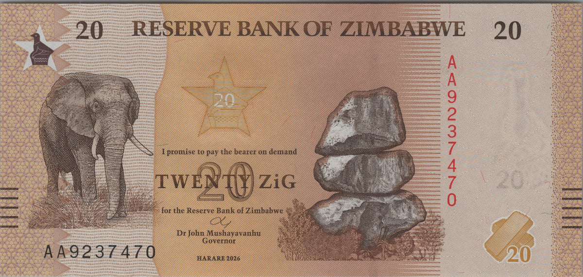 Zimbabwe 20 ZiG, B207a, 2026, UNCIRCULATED; features an Elephant