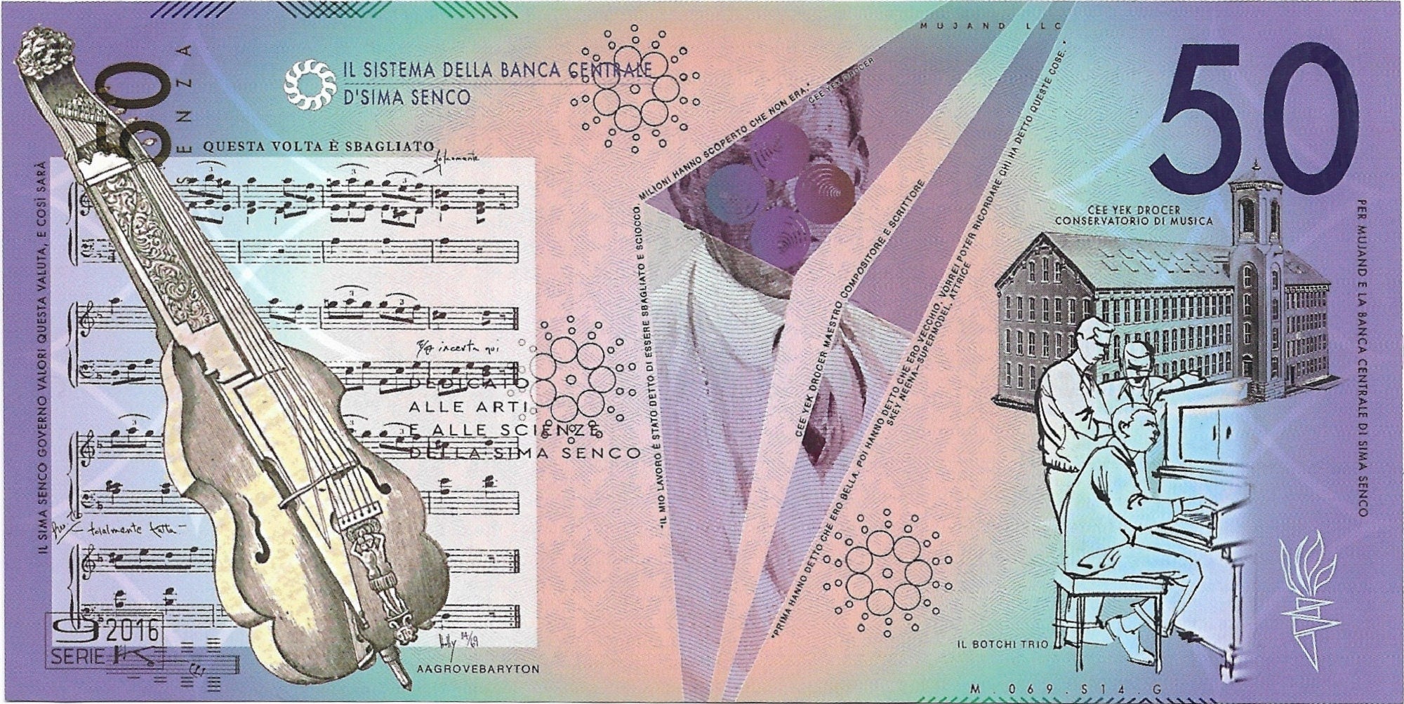 Banca D'Sima Senza 50 SENZA; Polymer; Limited Private Issue Fantasy Note; Celebrating Art & Invention
