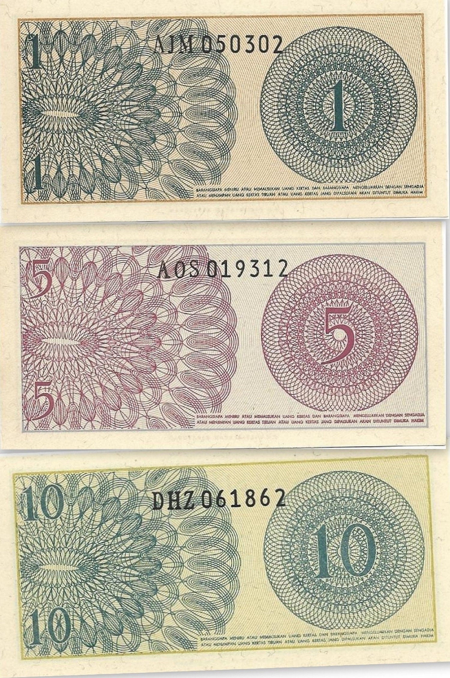 INDONESIA ~ 3 Note Set: P- 90; 91; 92 , UNCIRCULATED from 1964; Small Notes; Old Set