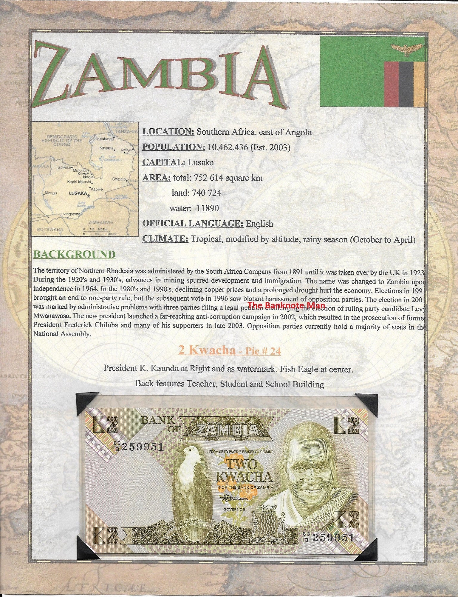 ZAMBIA 2 Kwatcha Banknote; P-24 ~ 1st Issue World Banknote Series ~ LIMITED Issues